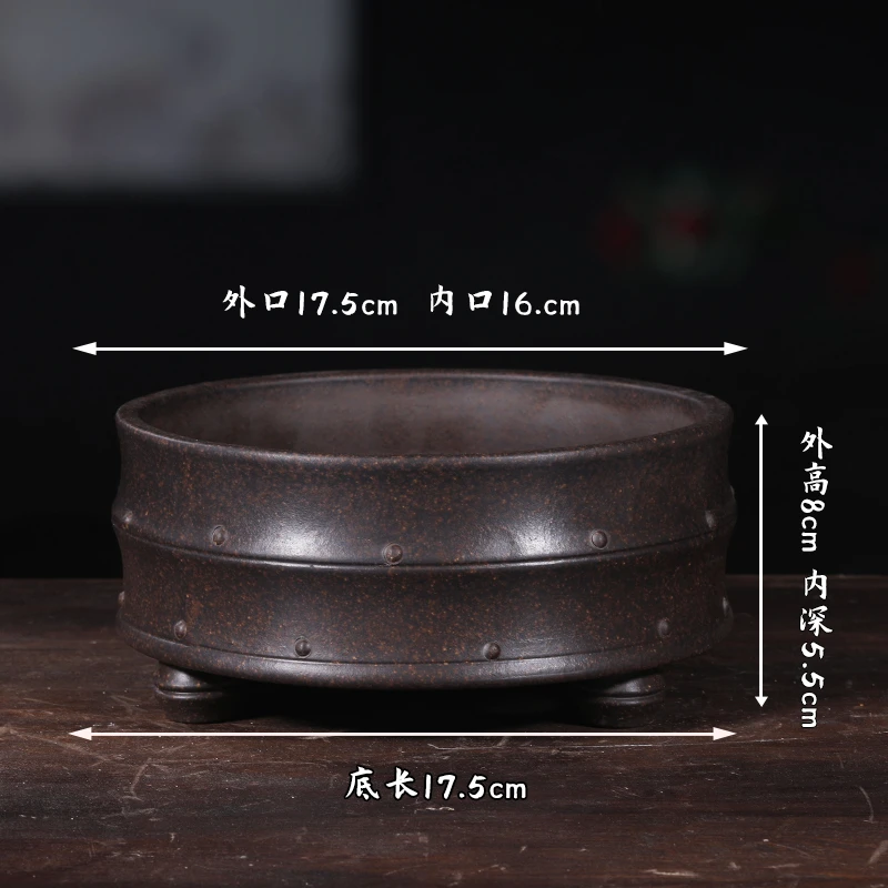 紫砂小花盆凹线鼓钉小圆口古铜泥绿植盆景盆栽多肉