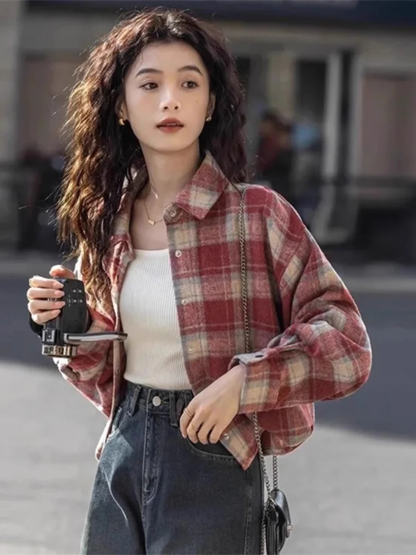 美式复古加厚红色格子衬衫外套女装秋冬设计感宽松慵懒风长袖上衣