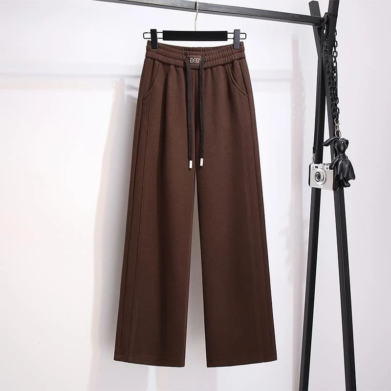 美拉德咖色雪尼尔阔腿裤子女加绒加厚2024秋冬款新款宽松直筒裤子