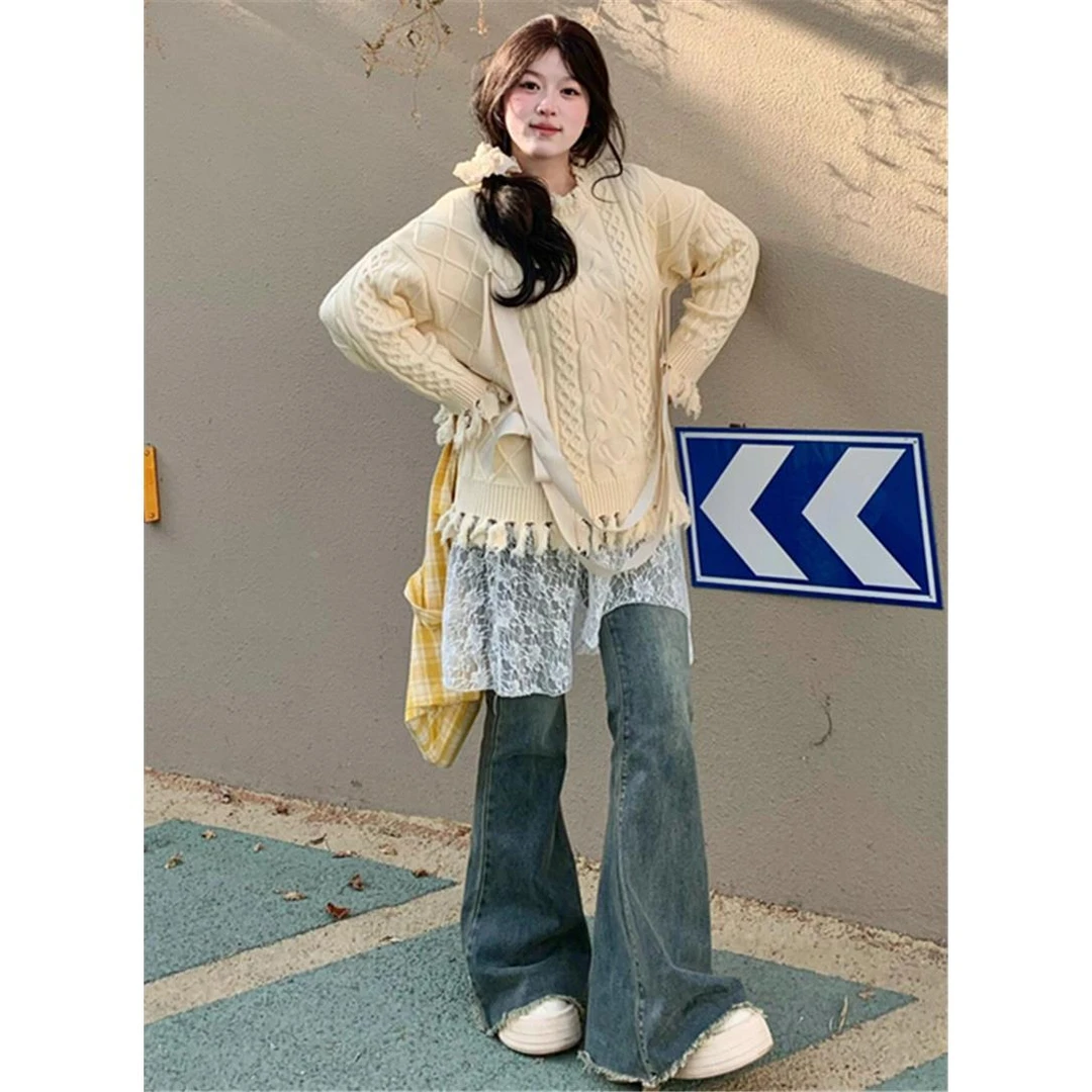 2024新款毛边微喇叭牛仔裤女春秋低腰175加长高个子阔腿拖地长裤