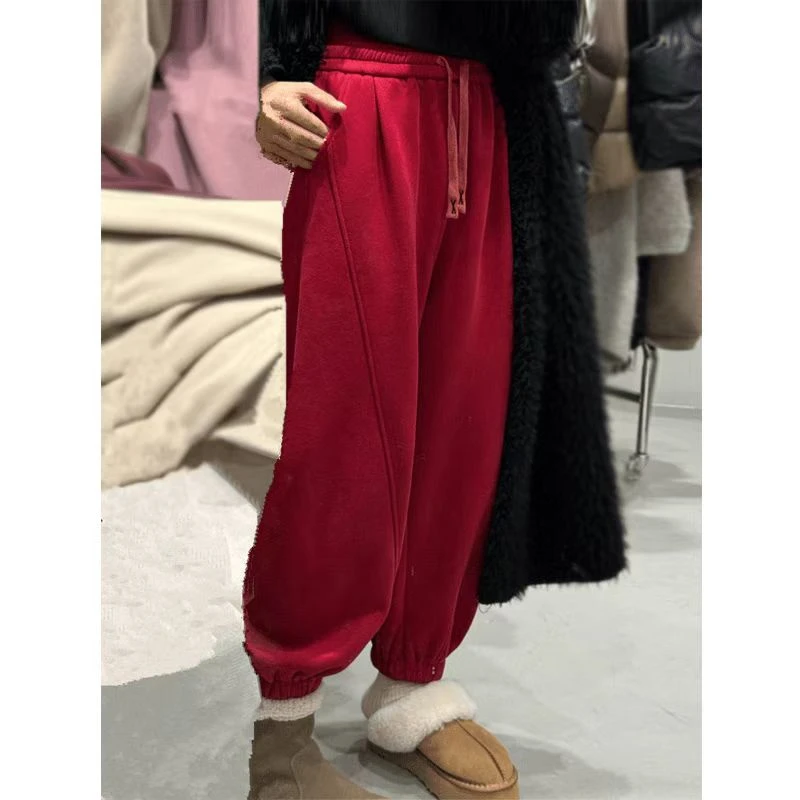 休闲通勤运动加绒加厚束脚裤2025冬季新款宽松遮肉韩版简约休闲裤