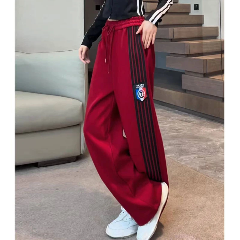 2025秋季潮酷侧边条杠百搭显瘦阔腿休闲裤女宽松垂感遮肉运动长裤