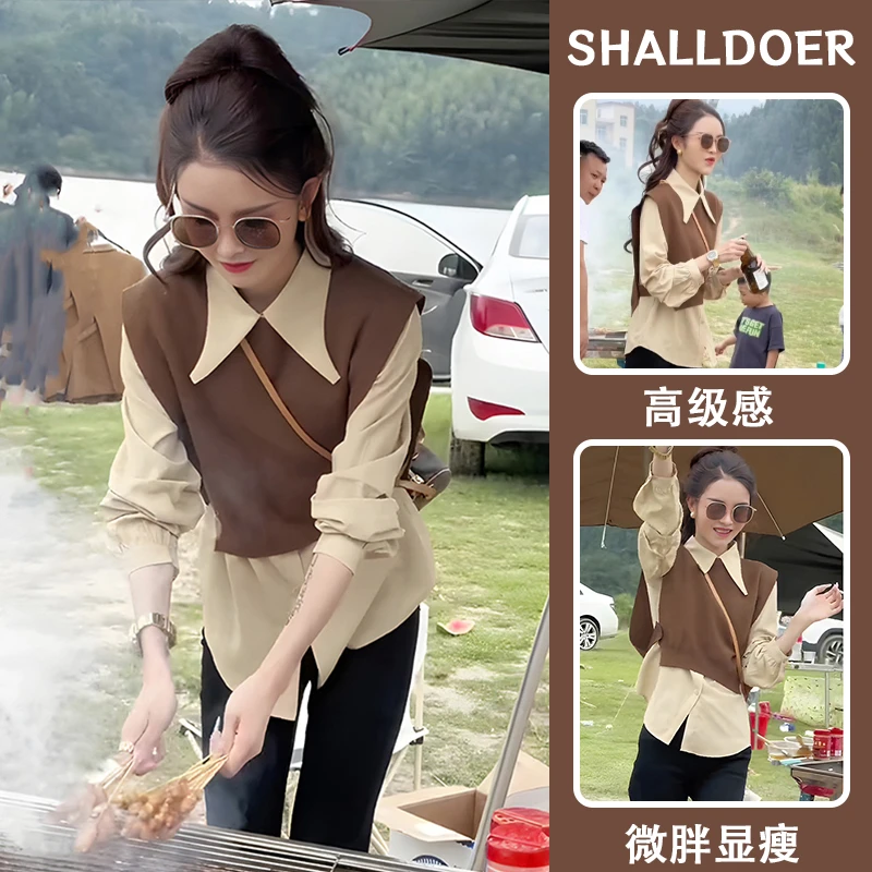 入秋女装一整套2025新款显瘦气质针织马甲条纹衬衫直筒裤三件套装