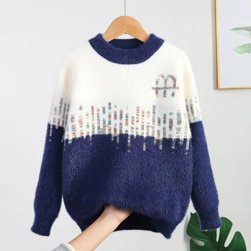 中大童毛衣加厚针织衫百搭休闲仿水貂打底衫中大童圆领潮流线衣