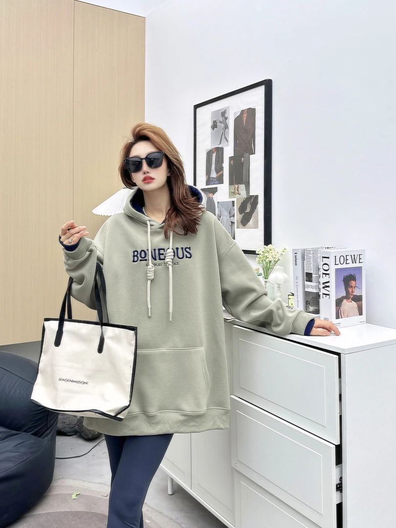 加绒卫衣潮流春季季加绒大码熊猫绒时尚中长款遮臀休闲减龄百搭