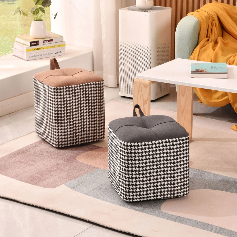 轻奢化妆凳脚踏凳简约小凳子家用千鸟格换鞋凳搁脚凳创意梳妆凳
