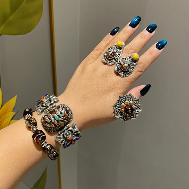 925银手镯 国外回流首饰925银镶嵌手镯戒指耳环复古手工银饰