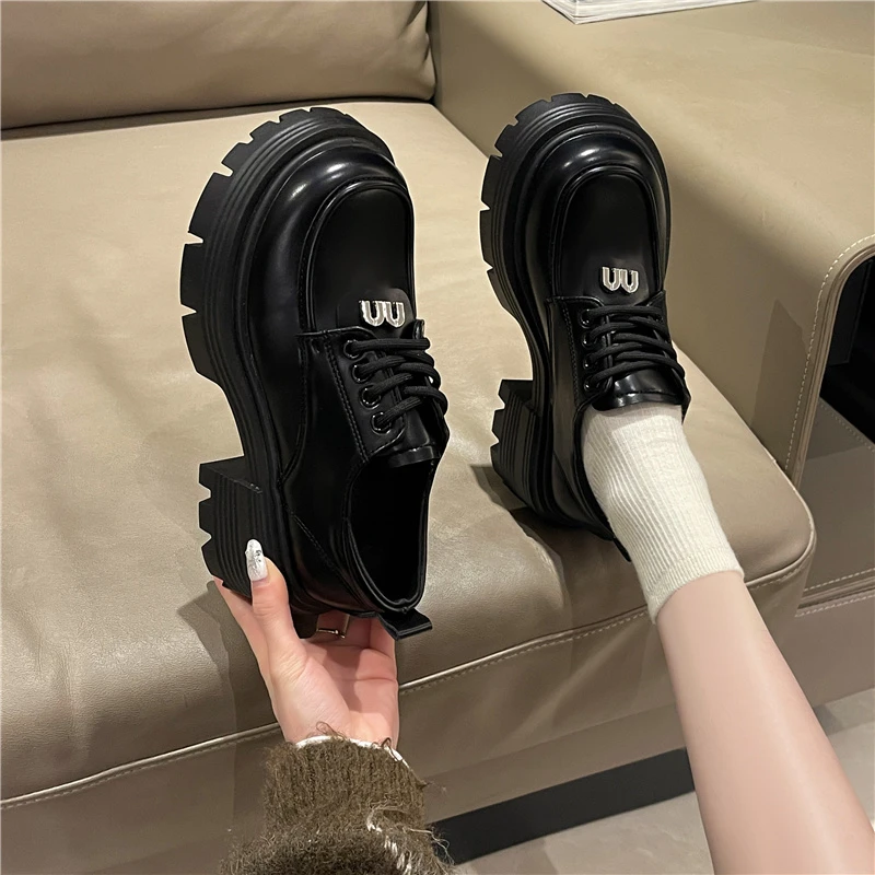 小皮鞋女2024春季真皮百搭厚底增高鞋黑色系带松糕厚底圆头乐福鞋