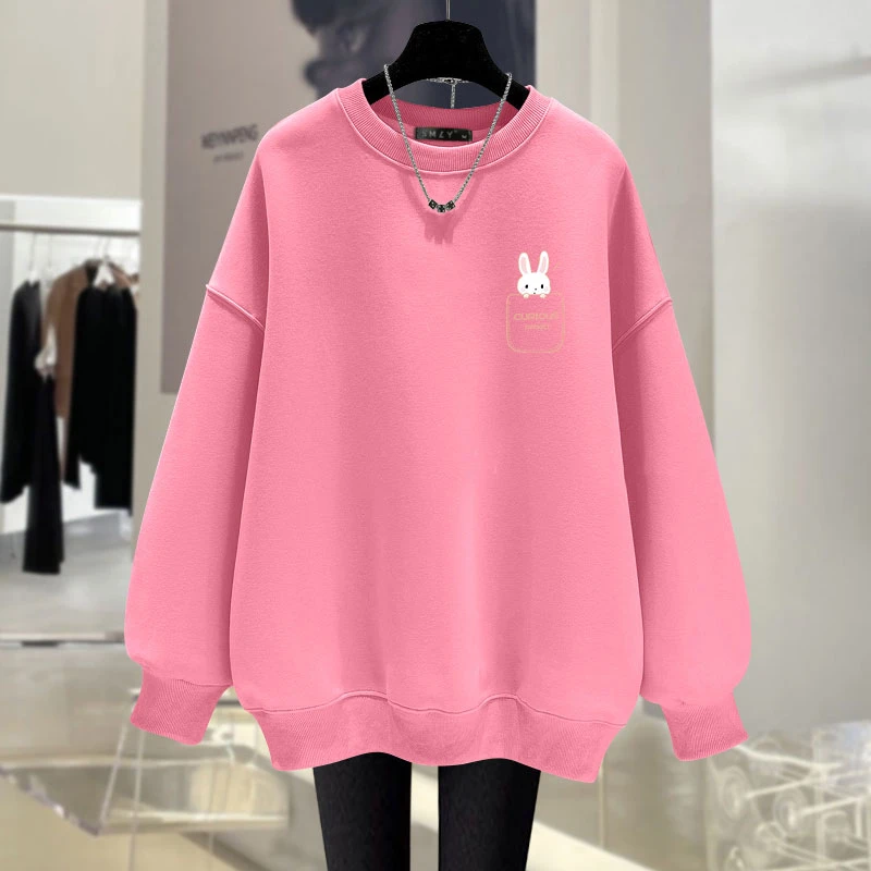 【中长款 高品质】2024新款秋冬卫衣女宽松圆领休闲内搭兔子外套女