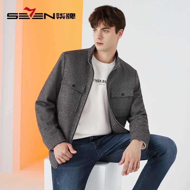 【羊毛夹克】男立领提花针织秋季时尚休闲夹克衫简约保暖冬季格纹