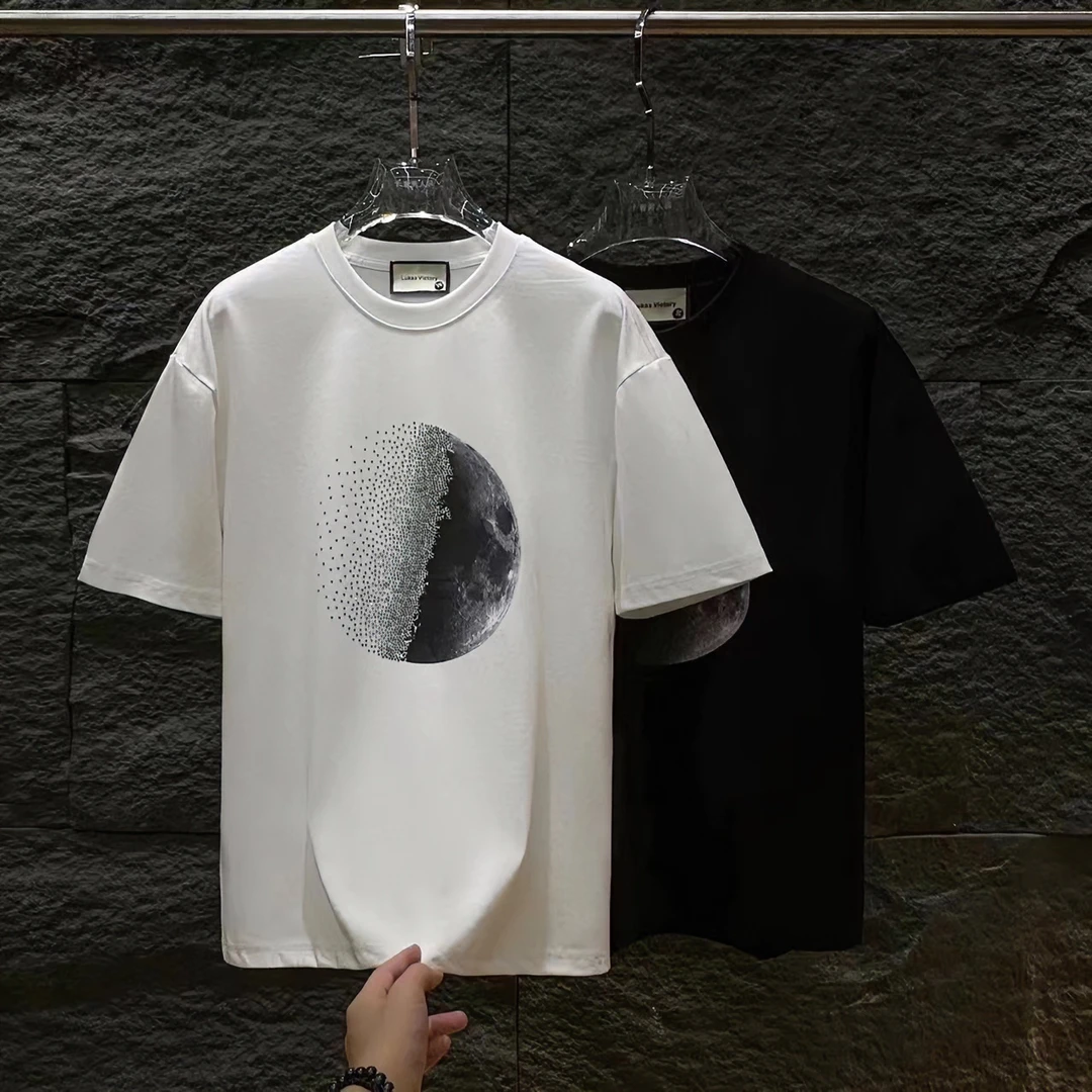 夏季新款闪钻月球潮牌男士圆领短袖T恤潮流复古百搭高品质简约