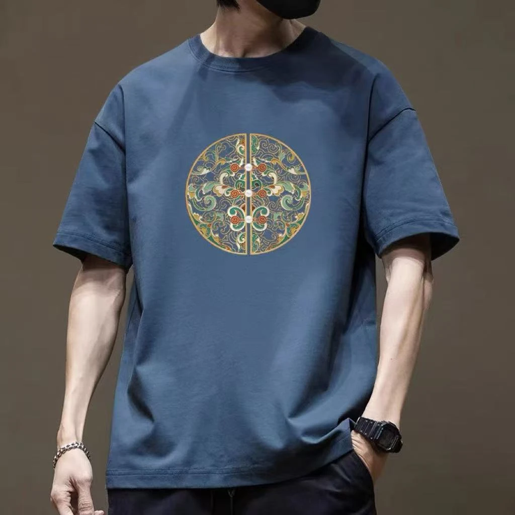 男士宽松百搭休闲时尚T恤简约国潮中式圆领内搭半袖大码