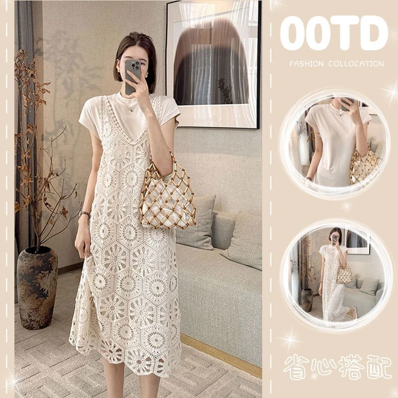 时尚套装女2024夏季新款轻熟风感叠穿短袖裙吊带连衣裙两件套