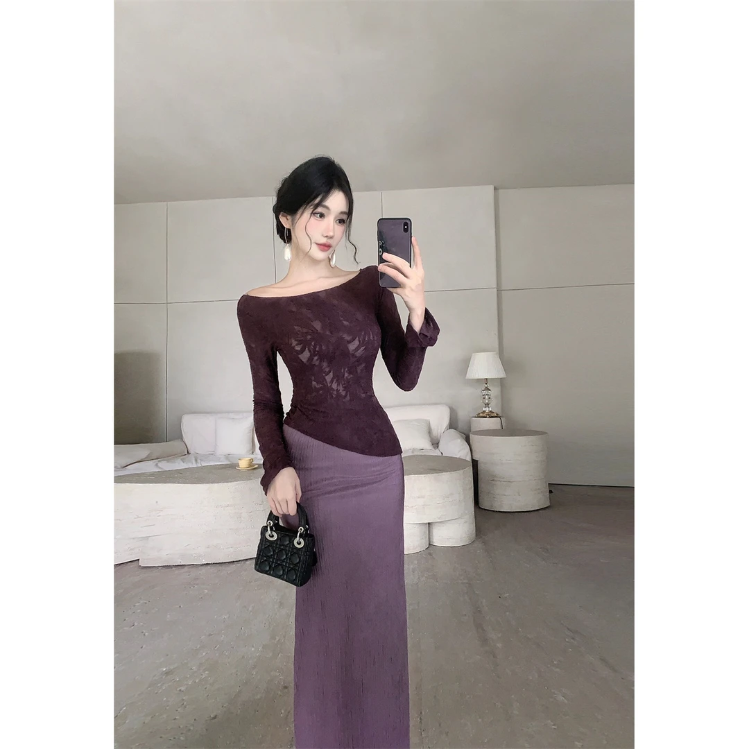 时尚气质优雅蕾丝长袖上衣秋季百搭后开叉半身长裙子两件套装C2L3