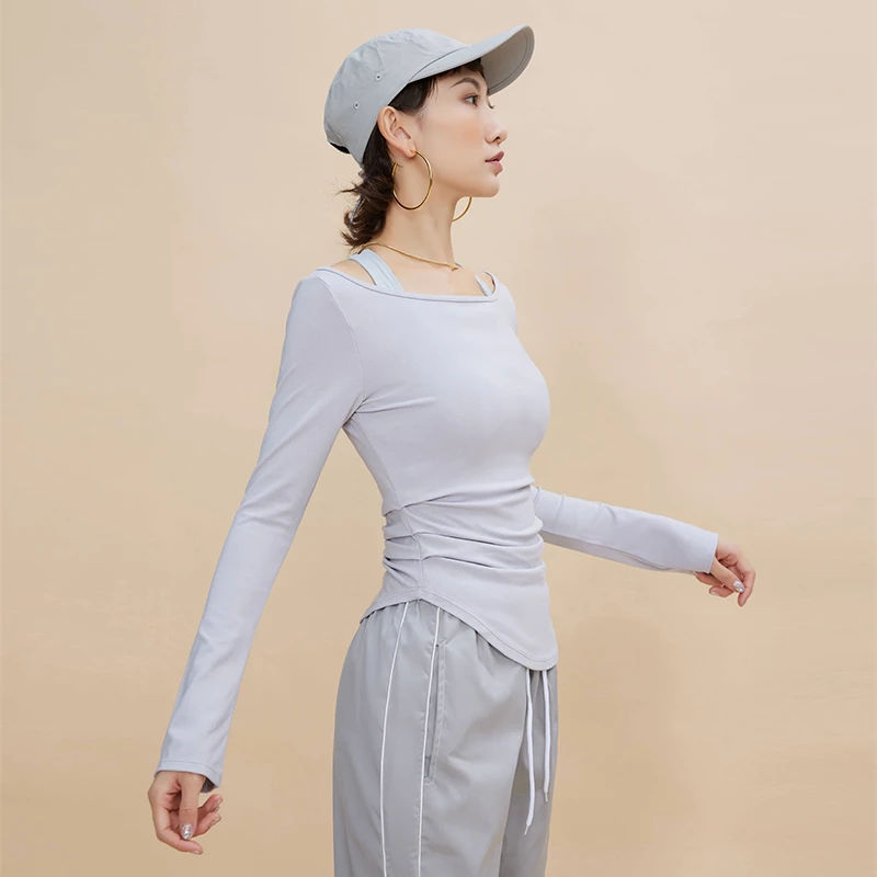 annerun休闲瑜伽长袖女运动跑步上衣百搭显瘦健身性感一字领T恤