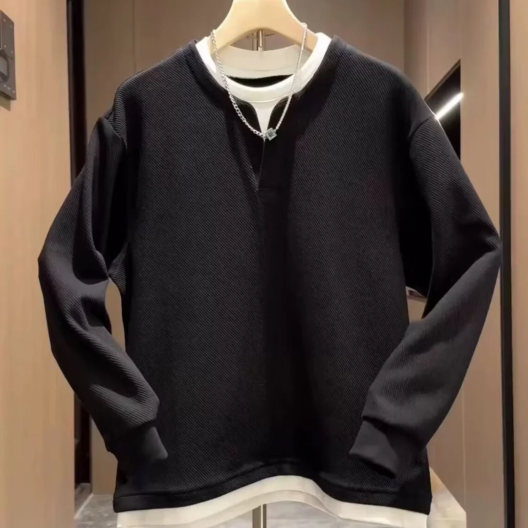 潮款卫衣男秋季新款圆领长袖打底衫假两件内搭卫衣男装上衣纯色款