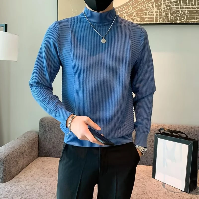 高级感纹理半高领毛衣男士修身保暖打底长袖秋冬季潮流内搭针织衫