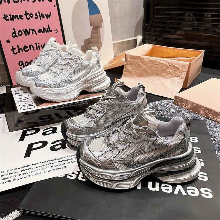 厚底小个子增高透气巴黎老爹鞋女2024秋新款休闲百搭银色运动鞋