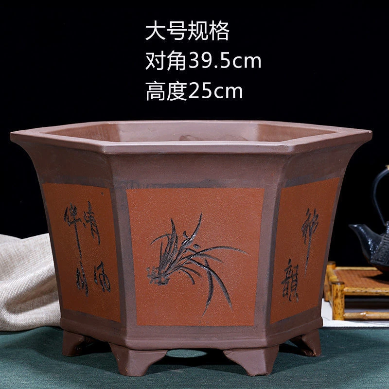 六角紫砂花盆特大号发财树种树花盆陶瓷六方铁树花盆包邮