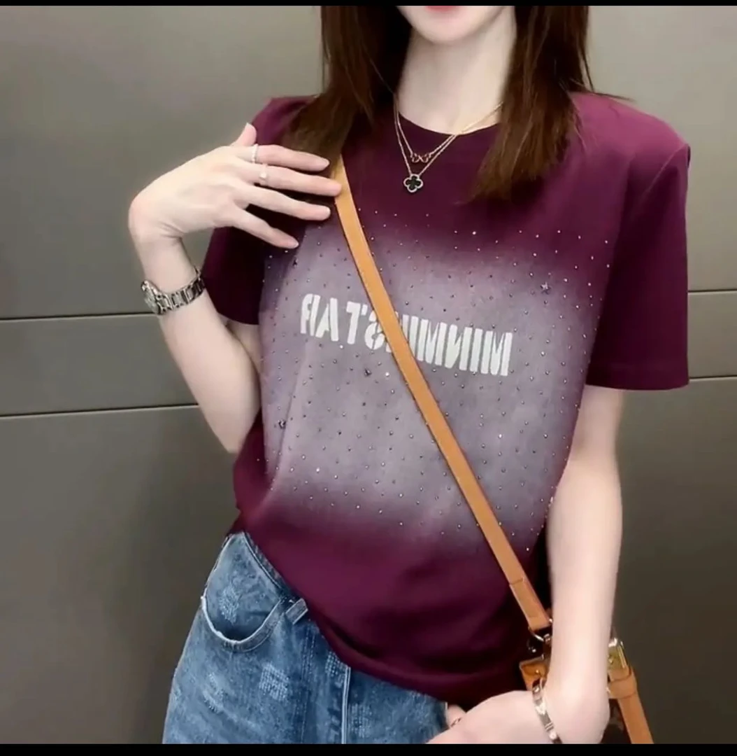正肩烫钻短袖T恤2025夏季新款时尚设计感小众紫色上衣女