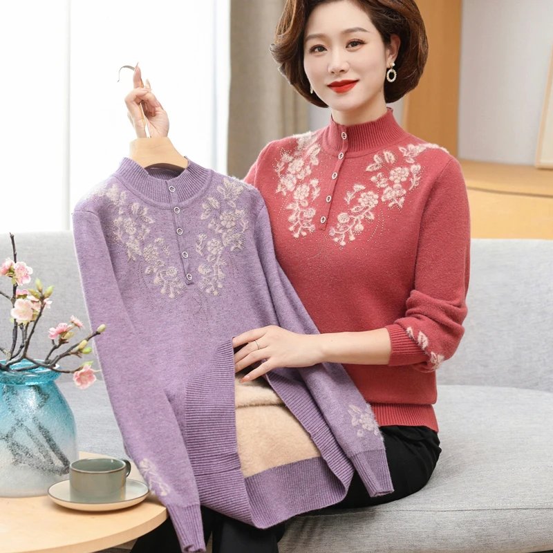 2023冬装新款中老年加绒毛衣女打底衫洋派妈妈装一体绒加厚保暖衣