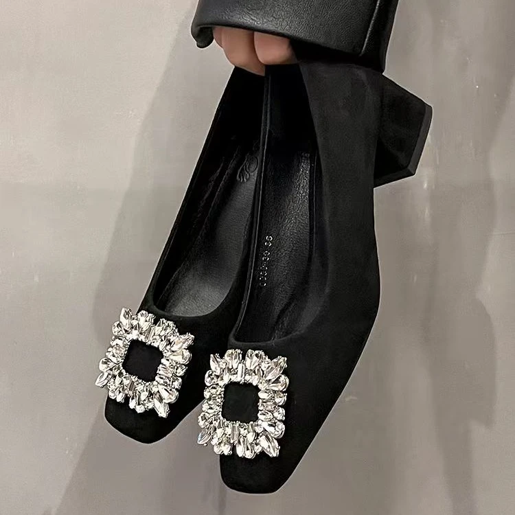 【300】黑色春季新款水钻中跟粗跟内里真皮职业工作单鞋658-6