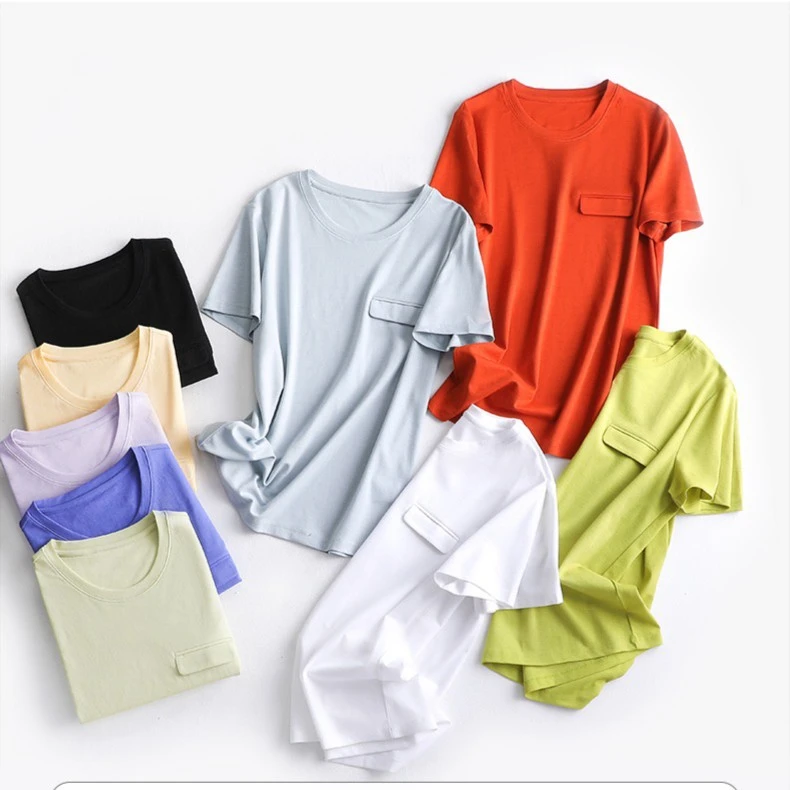 ANYUMO/安妤茉203231圆领凉感丝滑口袋休闲打底T恤半袖宽松夏季女