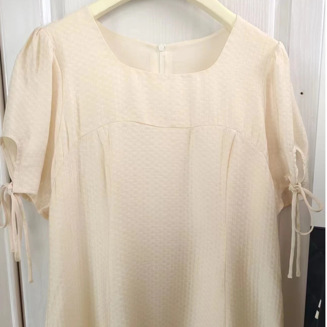 ANYUMO/安妤茉233376法式圆领显瘦纯色连衣裙通勤优雅气质女夏季