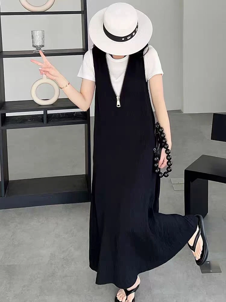 ANYUMO/安妤茉66155新款T恤拉链背带裙时尚套装休闲百搭气质夏女