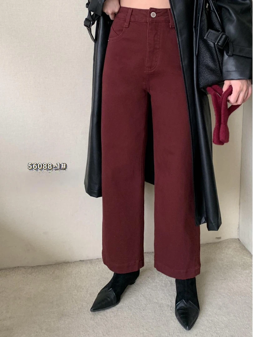 ANYUMO/安妤茉56088秋冬红色九分抓绒直筒裤牛仔裤高腰时尚百搭女