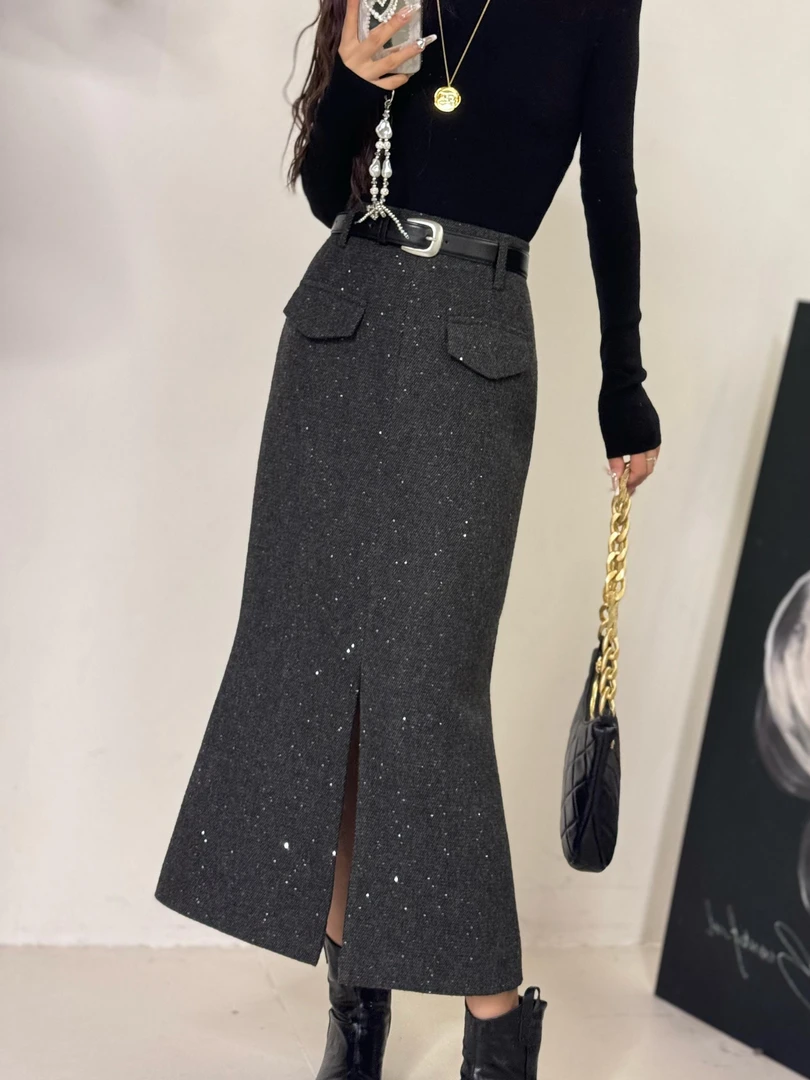 ANYUMO/安妤茉82050秋冬亮片鱼尾裙前开叉半裙高腰显瘦垂感高级女