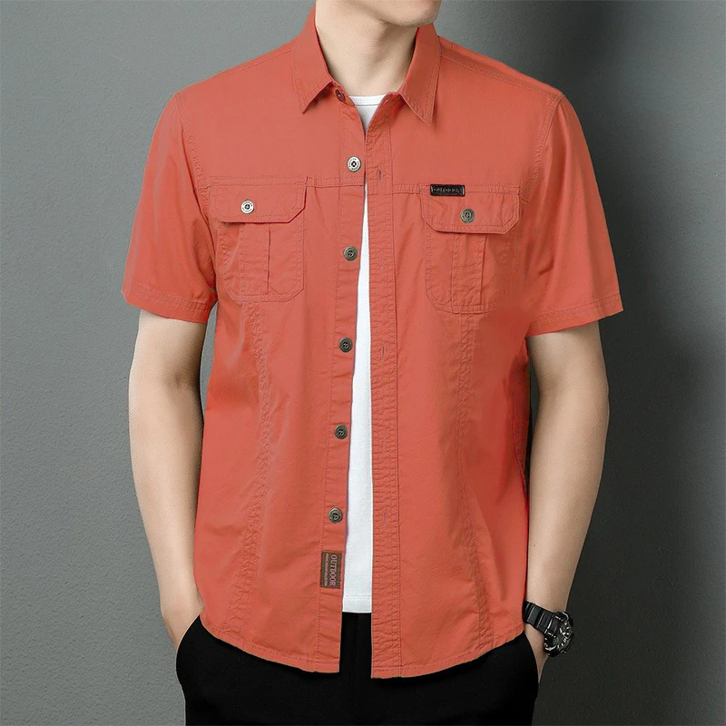 时尚纯棉短袖工装衬衫男士宽松大码多口袋中年薄款衬衣潮夏季新款