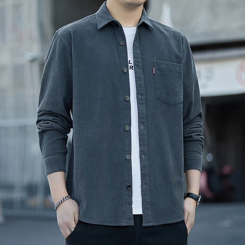 纯棉灯芯绒衬衫长袖男士春秋季新款宽松休闲时尚百搭帅气纯色外套