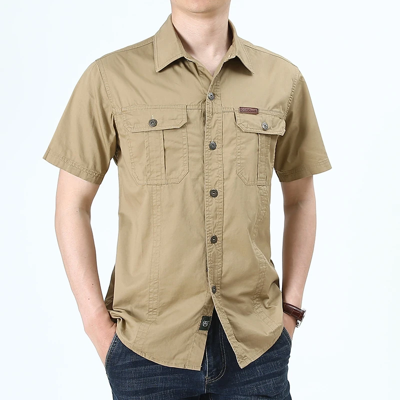 多口袋短袖纯棉工装衬衫男士大码户外休闲宽松军旅风衬衣夏季新品