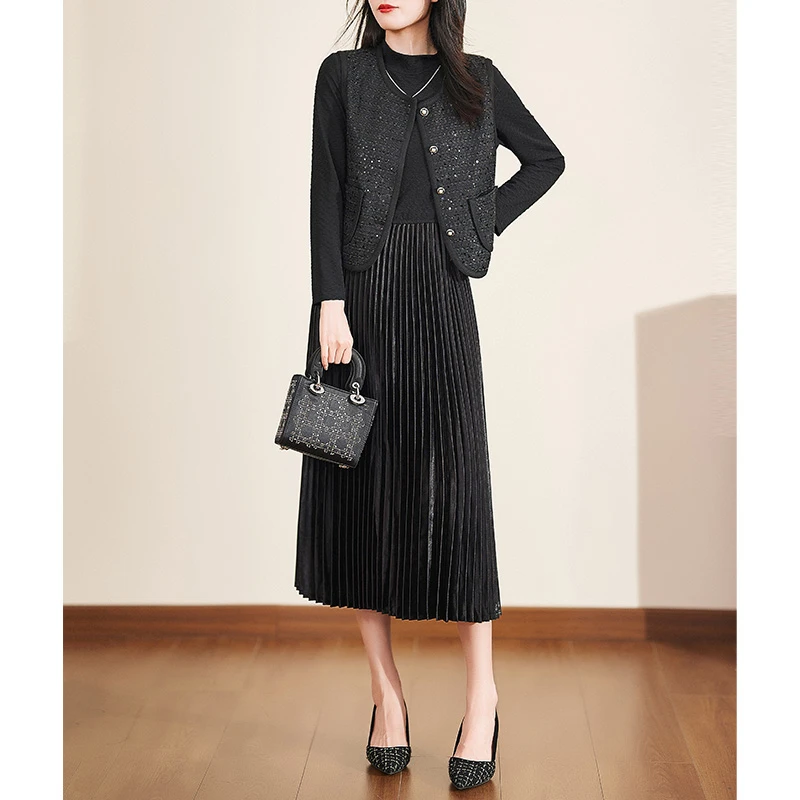 【两件套】黑色小香风精致气质迪欧芙2024秋季新款裙套装#QTZ87199