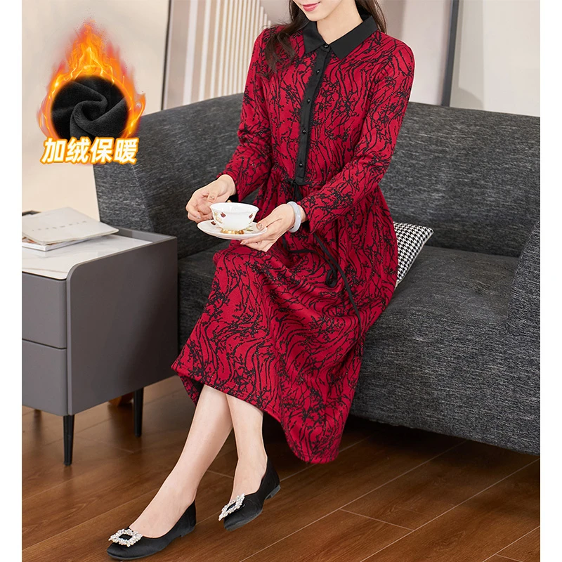 迪欧芙2023年冬季新款轻奢气质洋气加绒长袖款连衣裙女#DLQ15890