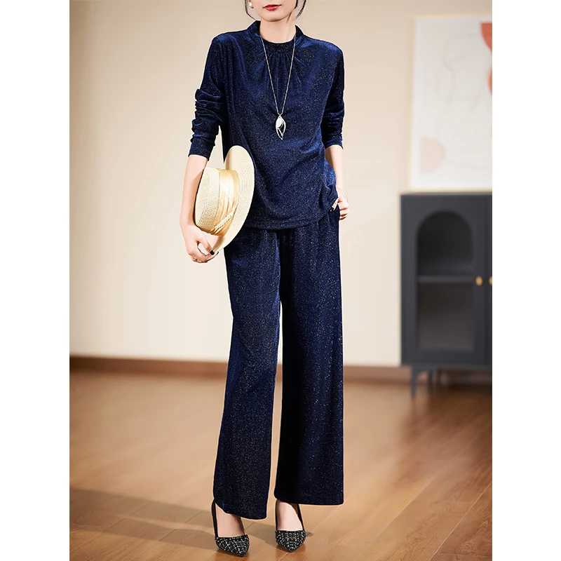 【两件套】蓝色减龄精致休闲迪欧芙2024年秋季新款套装女#QTZ17132