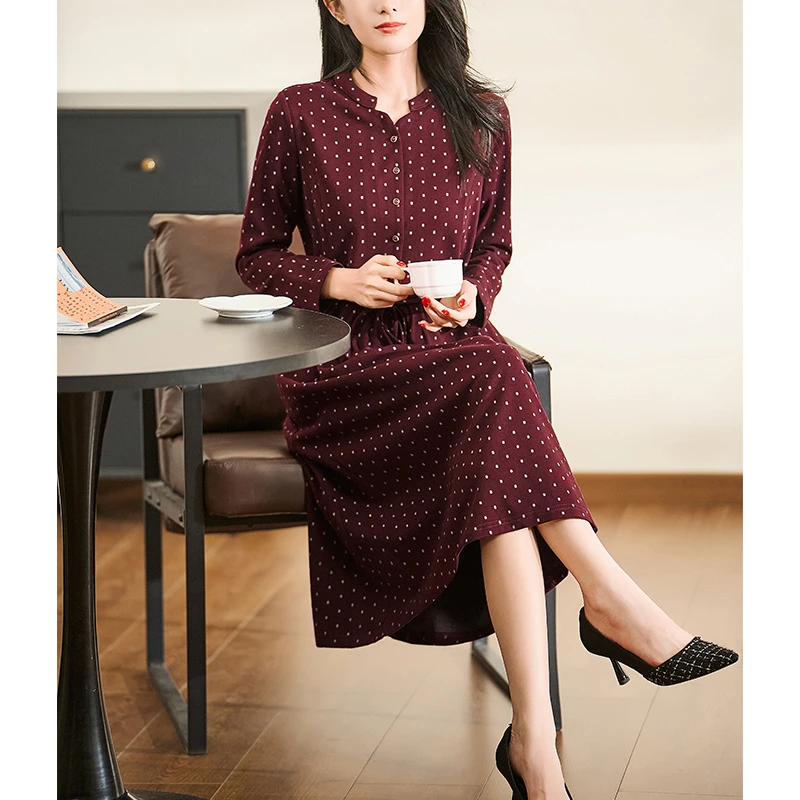 酒红色显白气质款迪欧芙2024年秋冬新款长袖连衣裙女装#QLQ17463