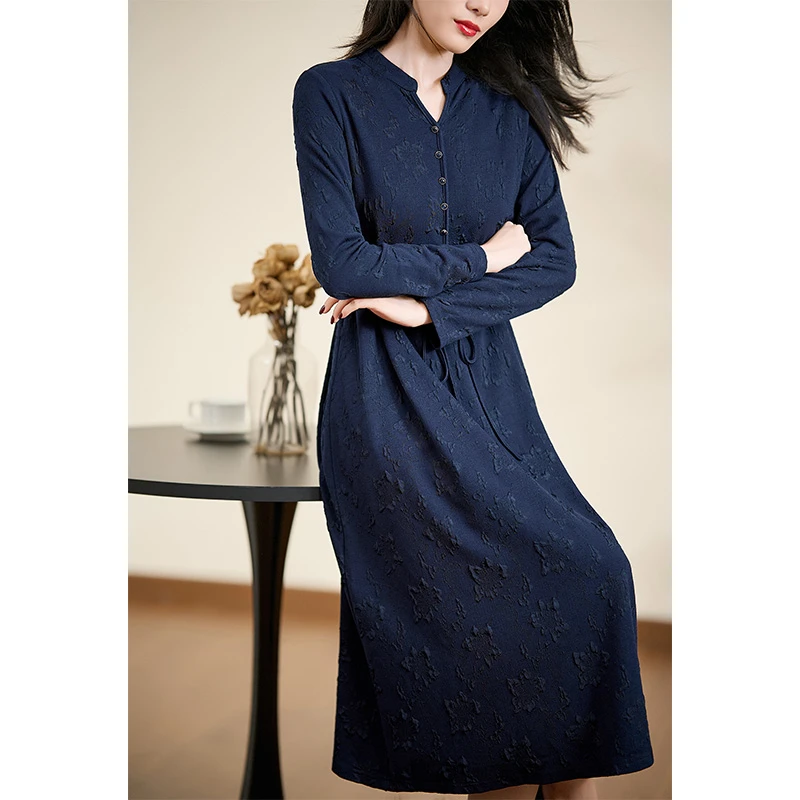 蓝色V领知性气质迪欧芙2025年春季新款长袖连衣裙女装#QLQ17263