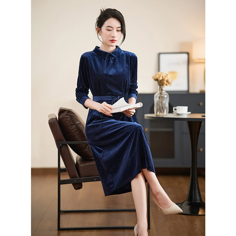 蓝色娃娃领轻奢感迪欧芙2025年秋季新款长袖连衣裙女装#QLQ17309