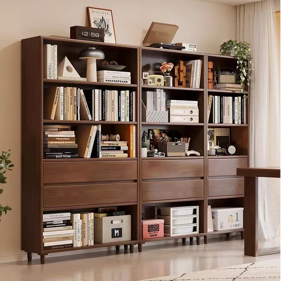 实木书架落地置物架书房整墙组合书柜家用客厅展示柜大容量储物柜