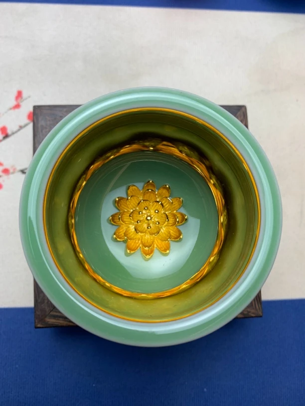 青瓷鎏金杯缸杯金莲花茶杯高端主人杯单只装无礼盒