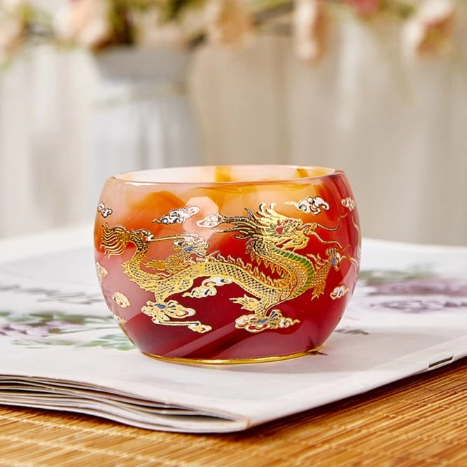 【牛血红琉璃杯】高端主人品茗杯龙凤杯陶瓷纯手工描金创意手绘茶具