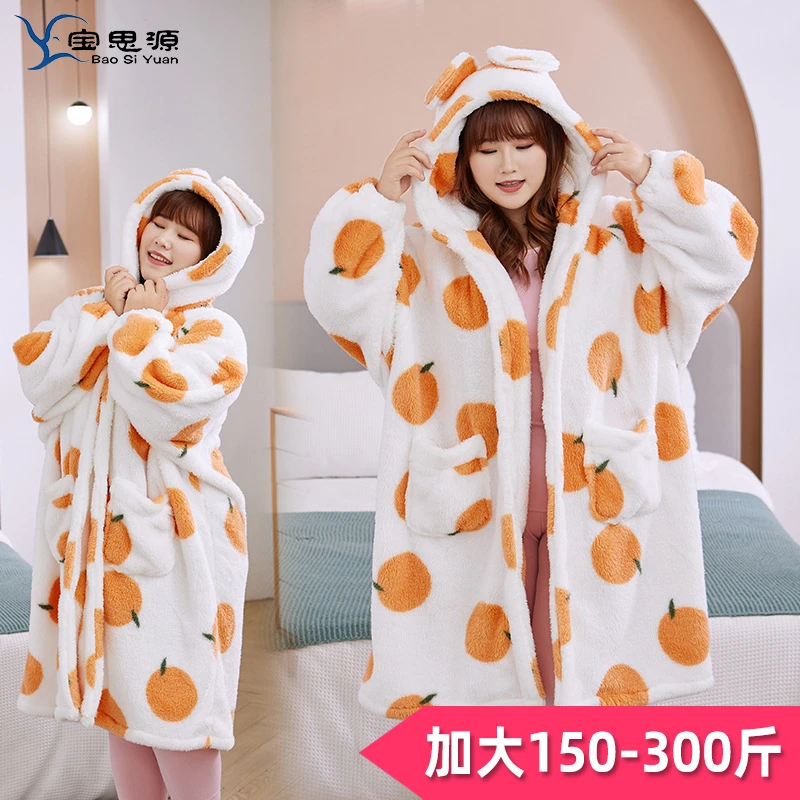 月子保暖情侣甜美长袖纯色睡袍长款大码浴袍连帽常规睡裙卡通