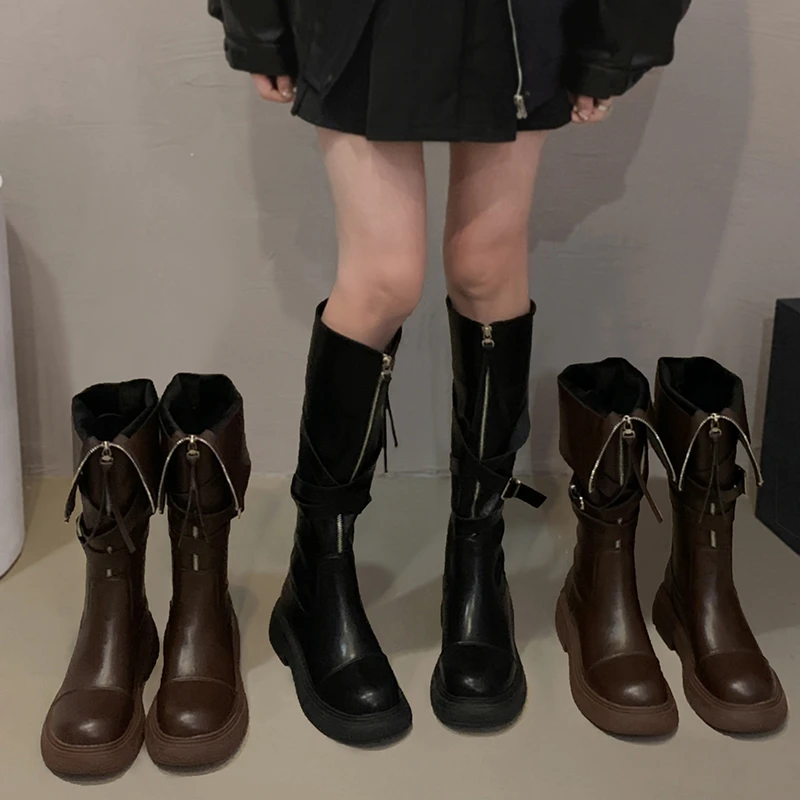 贾不假品牌-长筒靴女2023冬季新款法式复古洋气百搭加绒瘦瘦靴潮