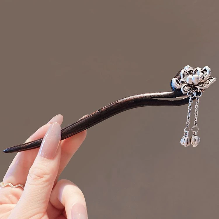 步步生莲~ 古风银色莲花流苏发簪女现代简约中式檀木簪子旗袍配饰