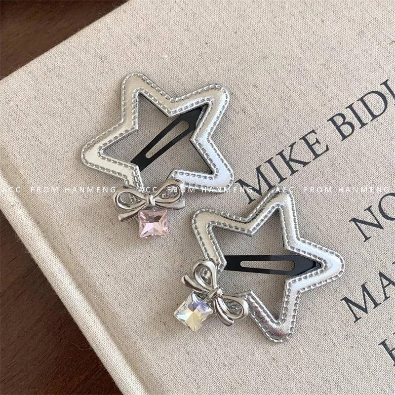 银色五角星pu皮质高级感蝴蝶结发夹超闪水钻碎发刘海BB夹发饰头饰