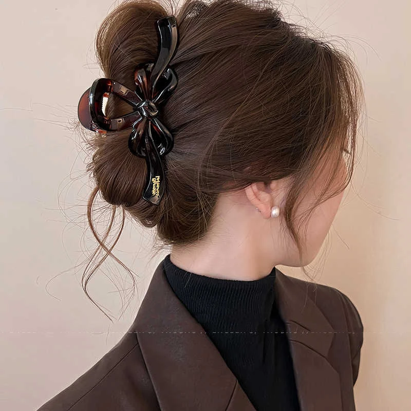 高级感茶咖色蝴蝶结抓夹大号鲨鱼夹发夹女后脑勺2024新款夹子发饰