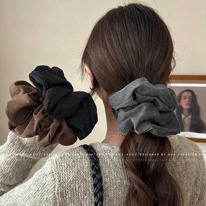 韩系波点水钻大肠发圈褶皱高级感头绳超大号扎马尾皮筋发绳慵懒风