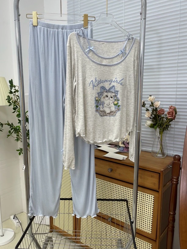 （新款）甜美纯欲风带胸垫睡衣女长袖假两件猫咪可爱家居服可外穿